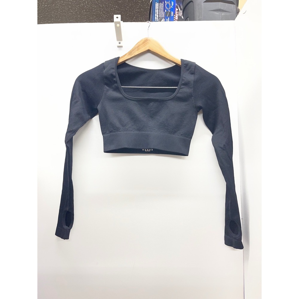 OQQ Women Black Ribbed Long Sleeve Crop Top Square Neck Thumbhole Gym Shirt S